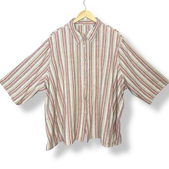 Striped Shirt Button-Up Women Plus Size Casual Collared FLAWS Red White Yellow - Picture 1 of 15